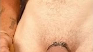 Tatted boy jisms all over his rings and has jism cascading down his scrotum