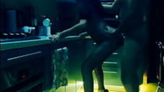 Jaw-dropping slim wifey in glamour gimp costume harsh penetrated in the kitchen in all postures
