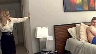 Fat jugged towheaded cougar in stocking and a garter